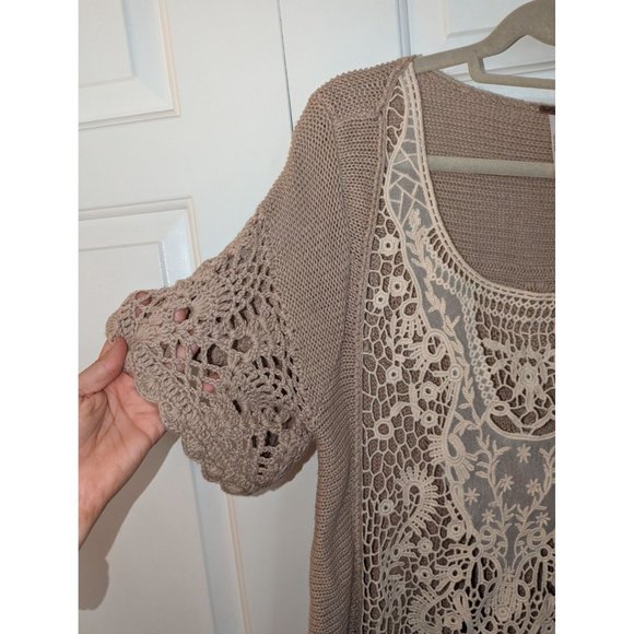 NWOT Free People Knit Cream Medium Oversized T-shirt Sweater with Lace - Picture 3 of 10